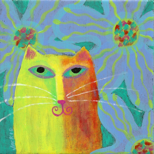 Hand Painted Ceramic Tile with Funky Abstract Portrait of a Cat