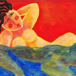 Hand Painted Ceramic Tile with Funky Abstract Portrait of Woman Swimming in the Ocean
