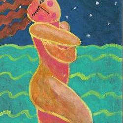 Hand Painted Ceramic Tile With Funky Abstract Painting of Woman Wading in the Ocean