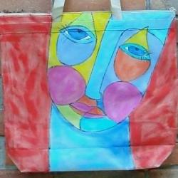 Hand Painted Large Tote Bag with Funky Abstract Face Painting